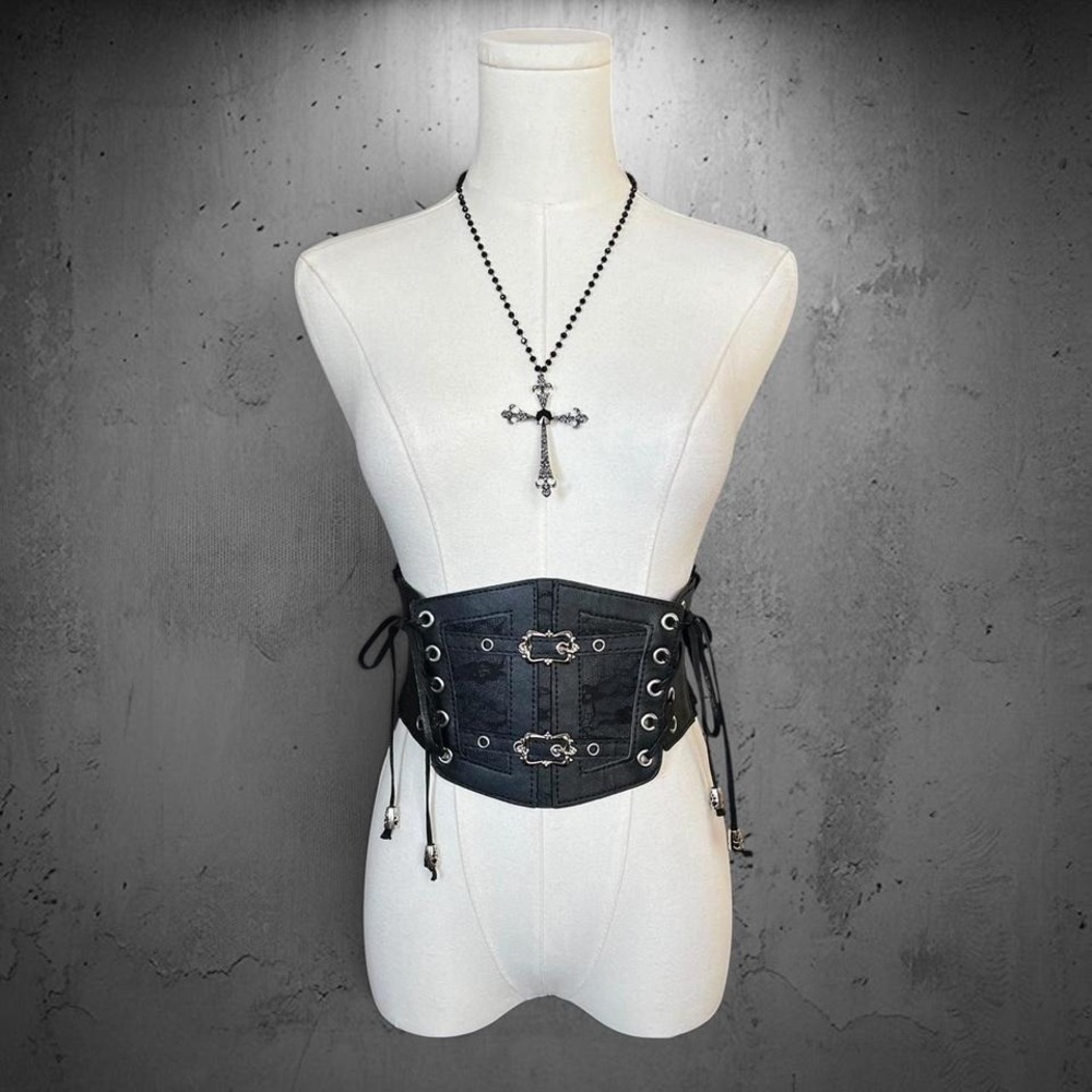 Gothic Floral Lace Corset Waist Belt & Ornate Cross Black Crystal Necklace Set